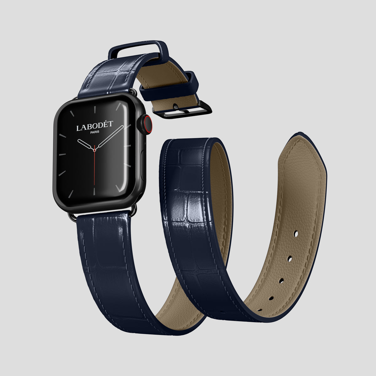 Navy Blue Double Strap For Apple Watch 46mm In Alligator with Black Metal -3 | Navy-Blue-Black