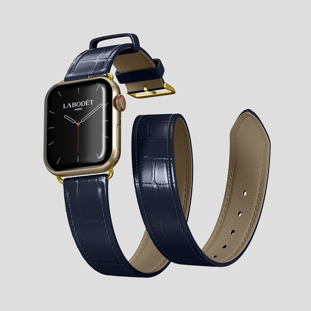 Navy Blue Double Strap For Apple Watch 46mm In Alligator with Gold Metal -3 | Navy-Blue-Gold