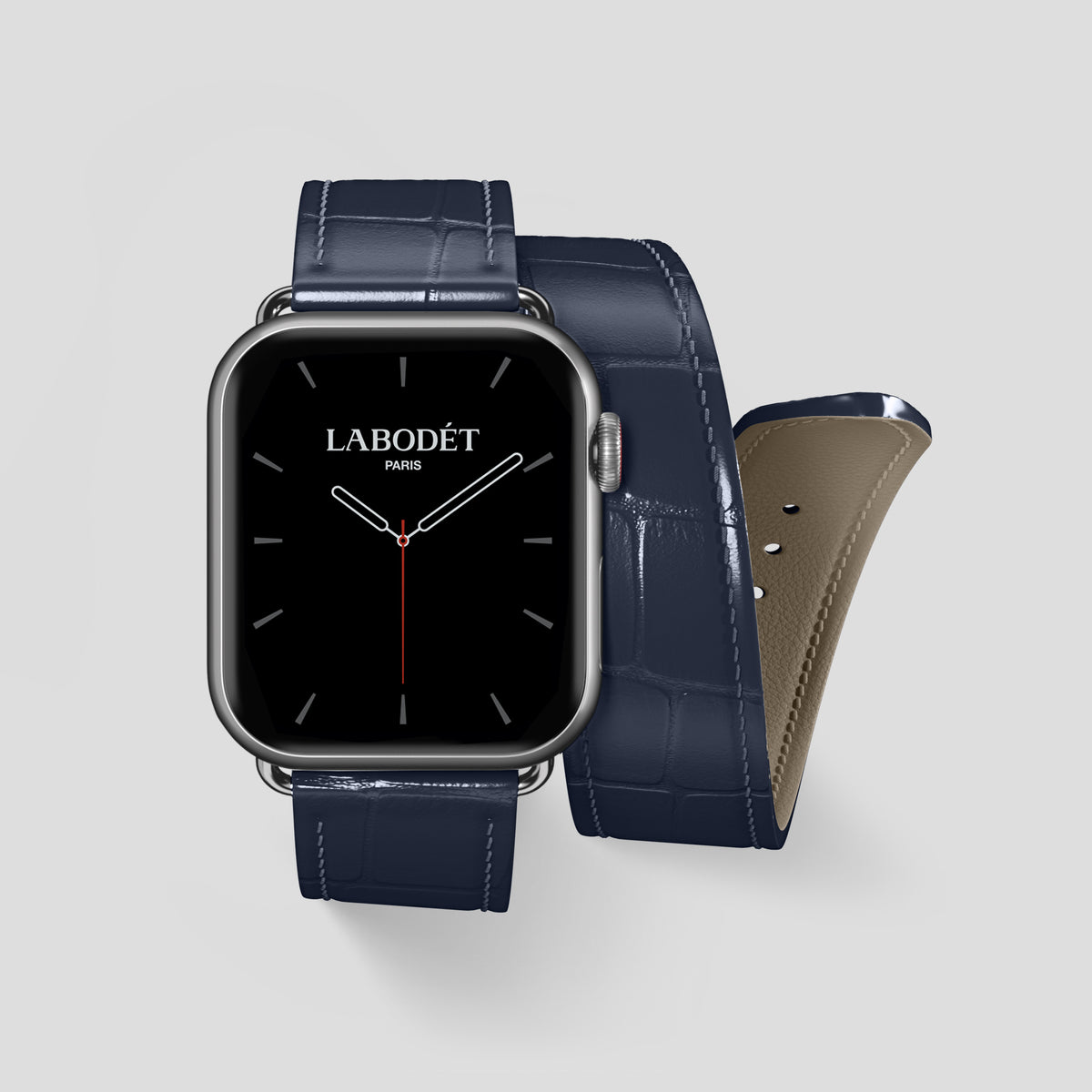 Navy Blue Double Strap For Apple Watch 46mm In Alligator with Steel Metal -1 | Navy-Blue-Steel