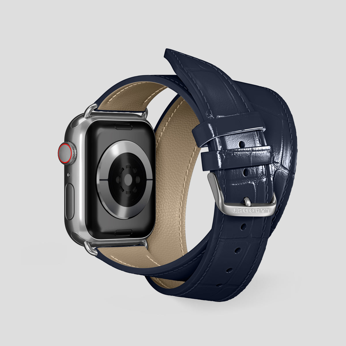 Navy Blue Double Strap For Apple Watch 46mm In Alligator with Steel Metal -2 | Navy-Blue-Steel