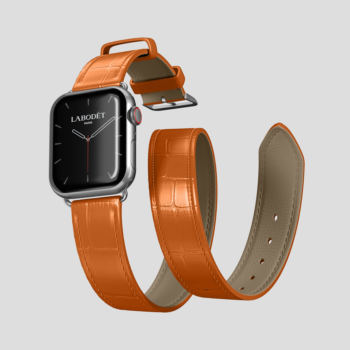 Orange Double Strap For Apple Watch 46mm In Alligator with Steel Metal -3 | Orange-Steel