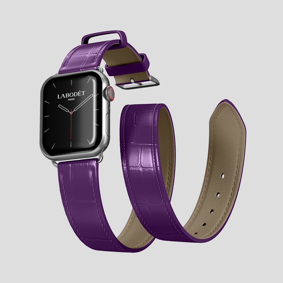 Purple Double Strap For Apple Watch 46mm In Alligator with Steel Metal -3 | Purple-Steel