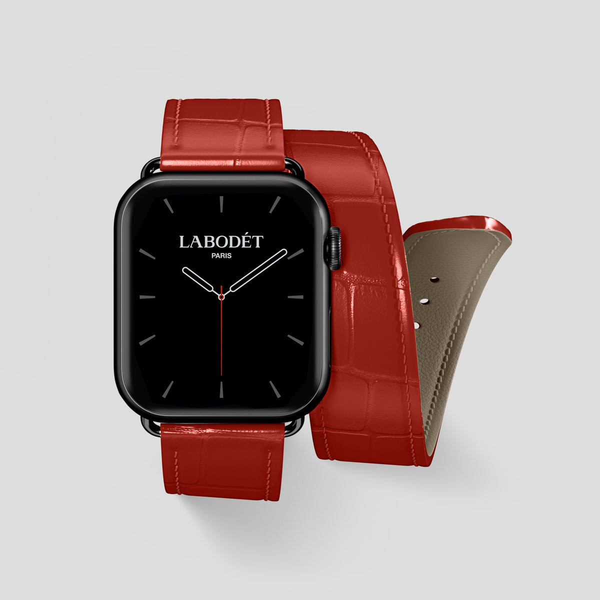 Red Double Strap For Apple Watch 46mm In Alligator with Black Metal -1 | Red-Black