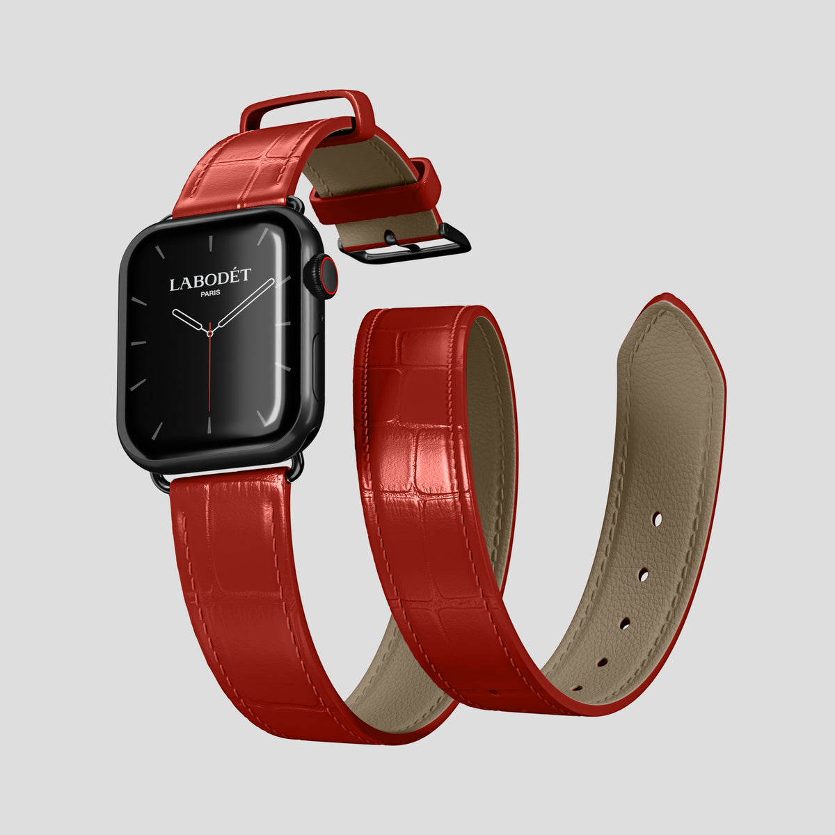 Red Double Strap For Apple Watch 46mm In Alligator with Black Metal -3 | Red-Black