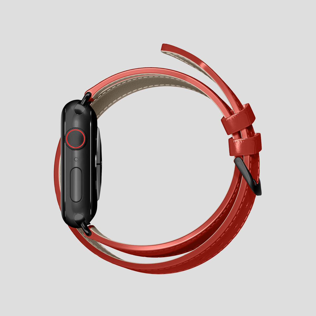Red Double Strap For Apple Watch 46mm In Alligator with Black Metal -4 | Red-Black