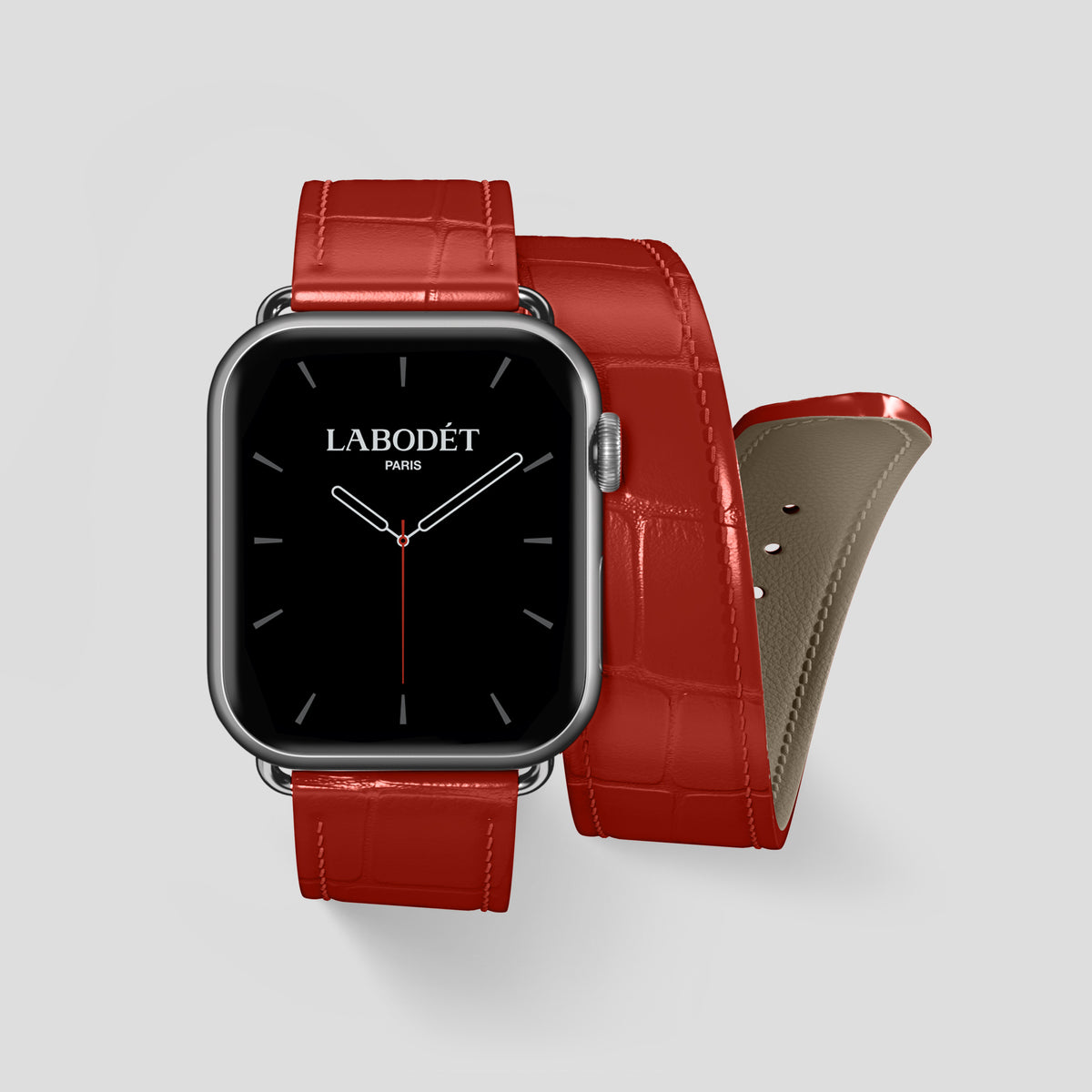 Red Double Strap For Apple Watch 46mm In Alligator with Steel Metal -1 | Red-Steel