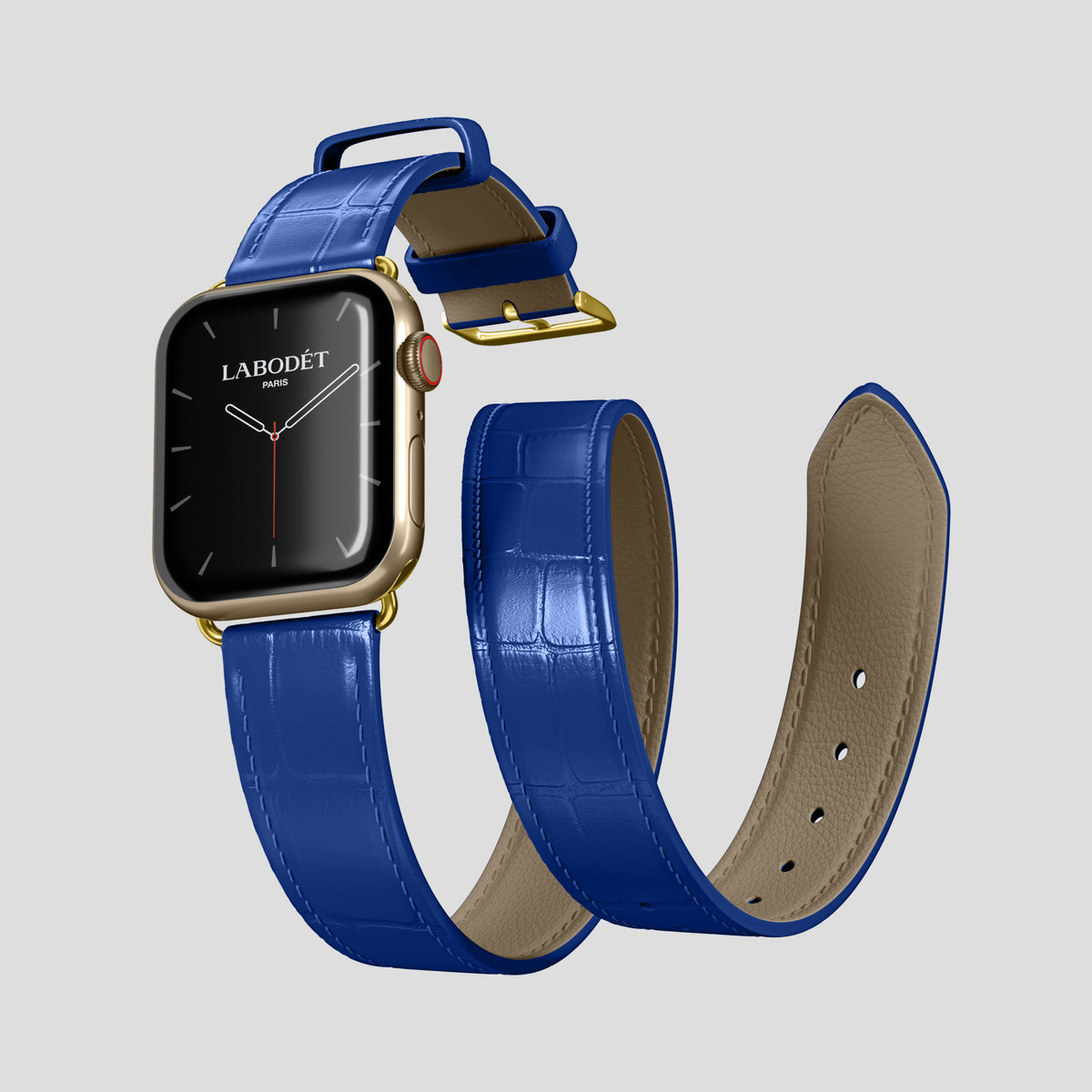 Royal Blue Double Strap For Apple Watch 46mm In Alligator with Gold Metal -3 | Royal-Blue-Gold