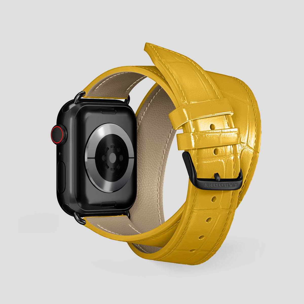 Yellow Double Strap For Apple Watch 46mm In Alligator with Black Metal -2 | Yellow-Black
