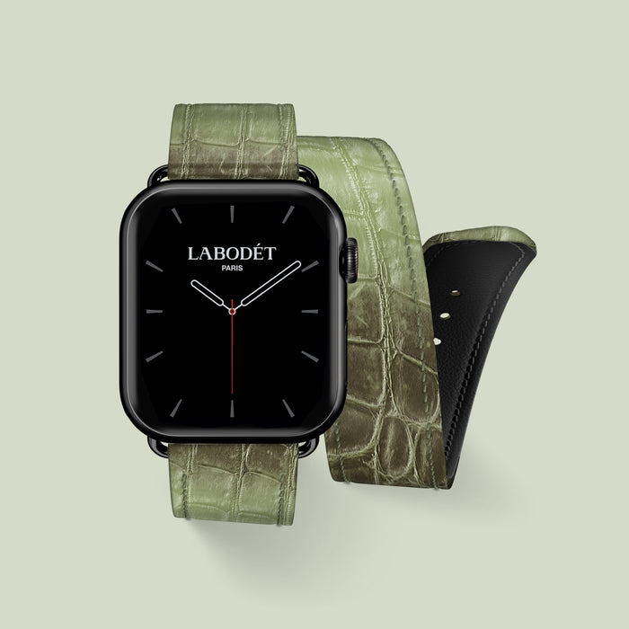 Double Strap For Apple Watch 46mm Celadon Green In Himalayan Crocodile with Black Metal -1 | Celadon-Green-Black