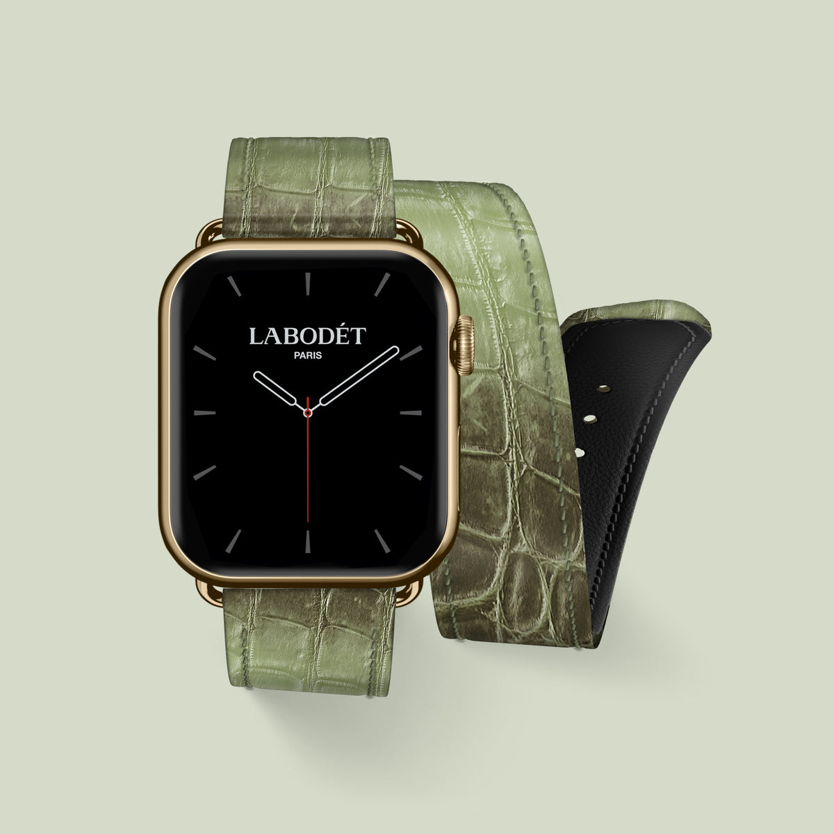 Double Strap For Apple Watch 46mm Celadon Green In Himalayan Crocodile with Gold Metal -1 | Celadon-Green-Gold
