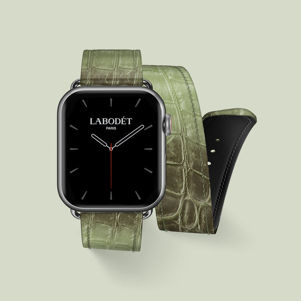 Double Strap Celadon Green For Apple Watch 42mm In Himalayan Crocodile