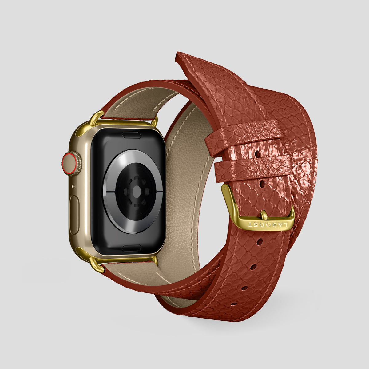 Medium-Brown Apple Watch 46mm Double Strap In Python with Gold Metal -2 | Medium-Brown-Gold