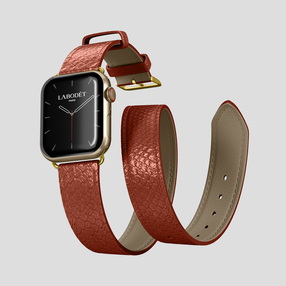 Medium-Brown Apple Watch 46mm Double Strap In Python with Gold Metal -3 | Medium-Brown-Gold