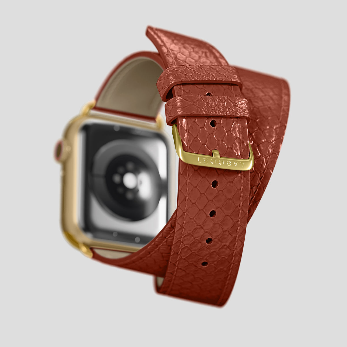 Medium-Brown Apple Watch 46mm Double Strap In Python with Gold Metal -5 | Medium-Brown-Gold