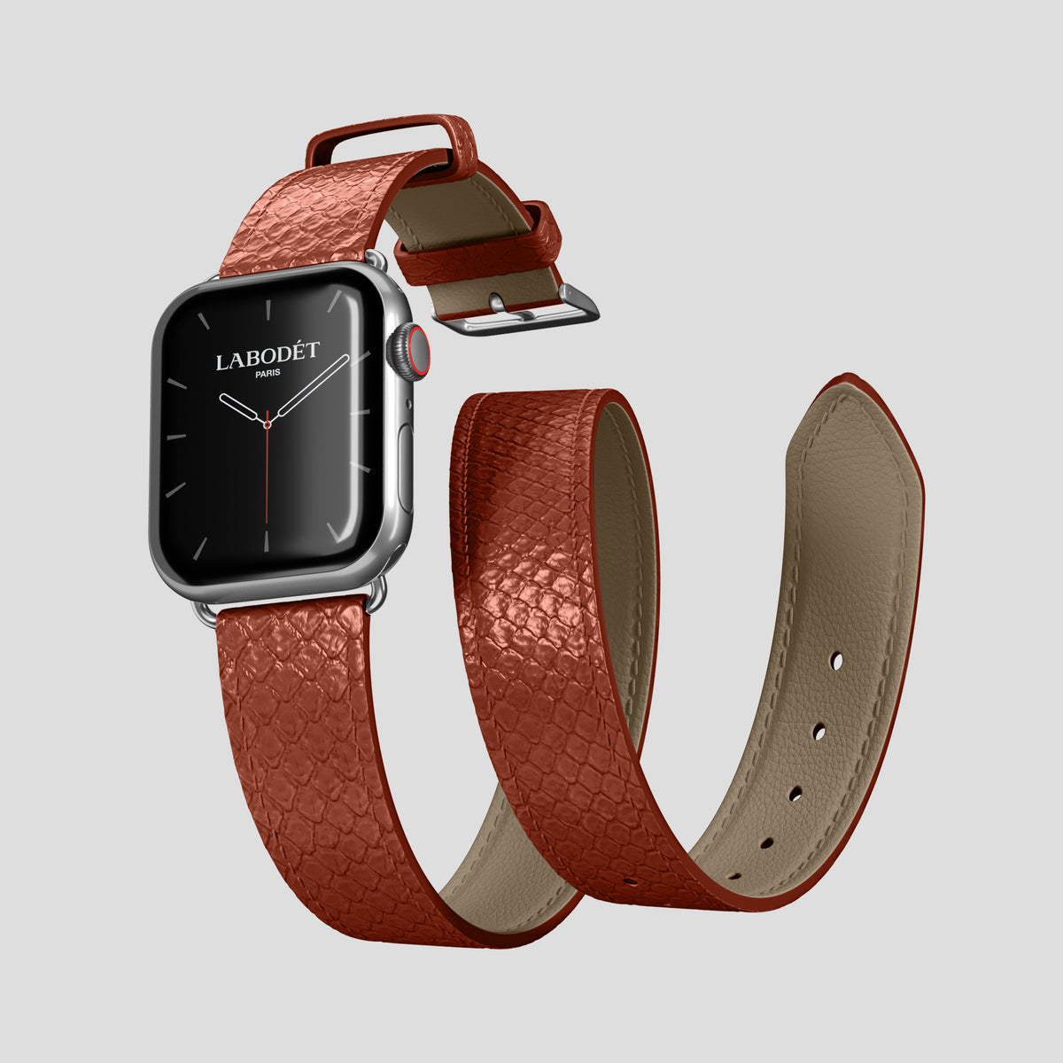 Medium-Brown Apple Watch 46mm Double Strap In Python with Steel Metal -3 | Medium-Brown-Steel