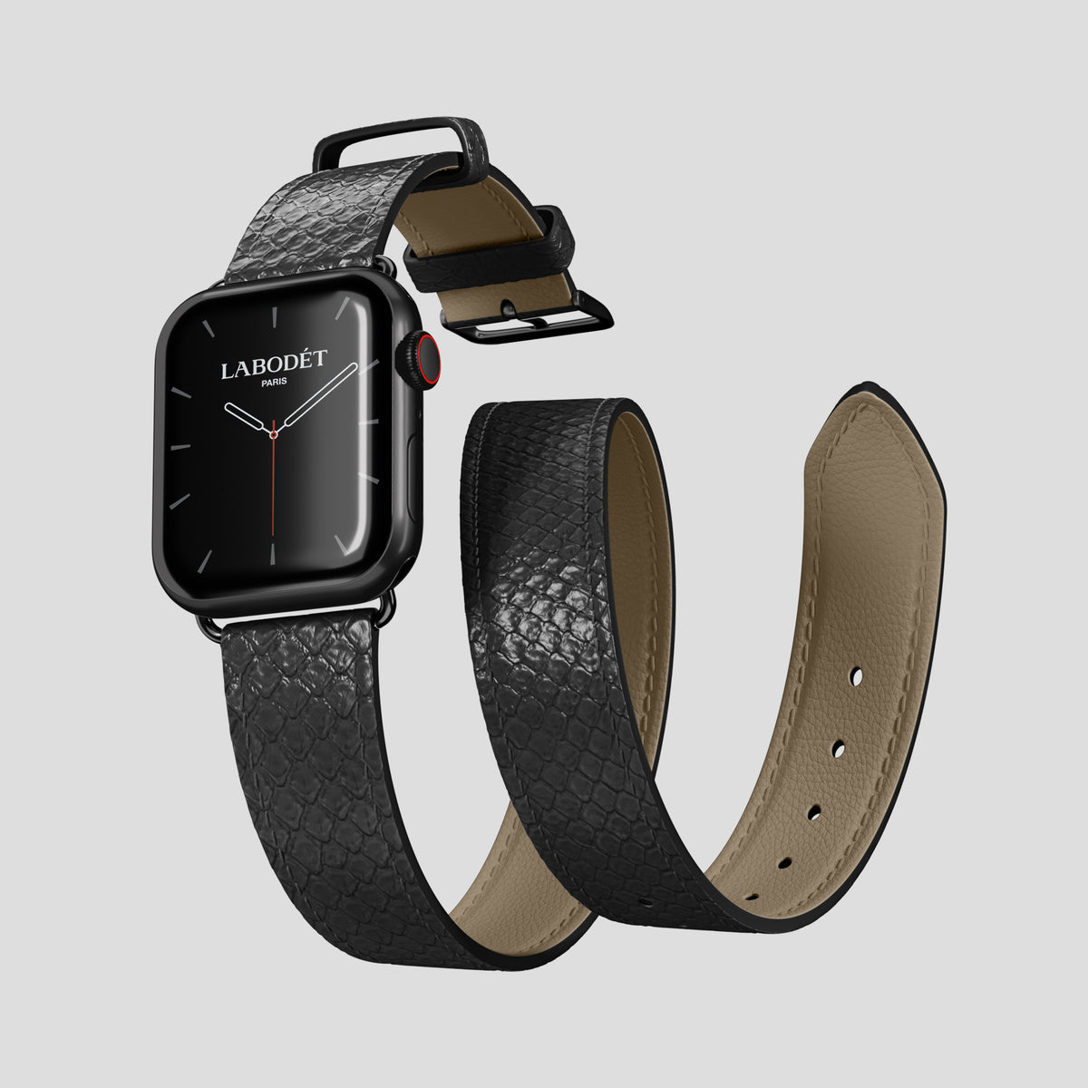 Black Apple Watch 46mm Double Strap In Python with Black Metal -3 | Black-Black