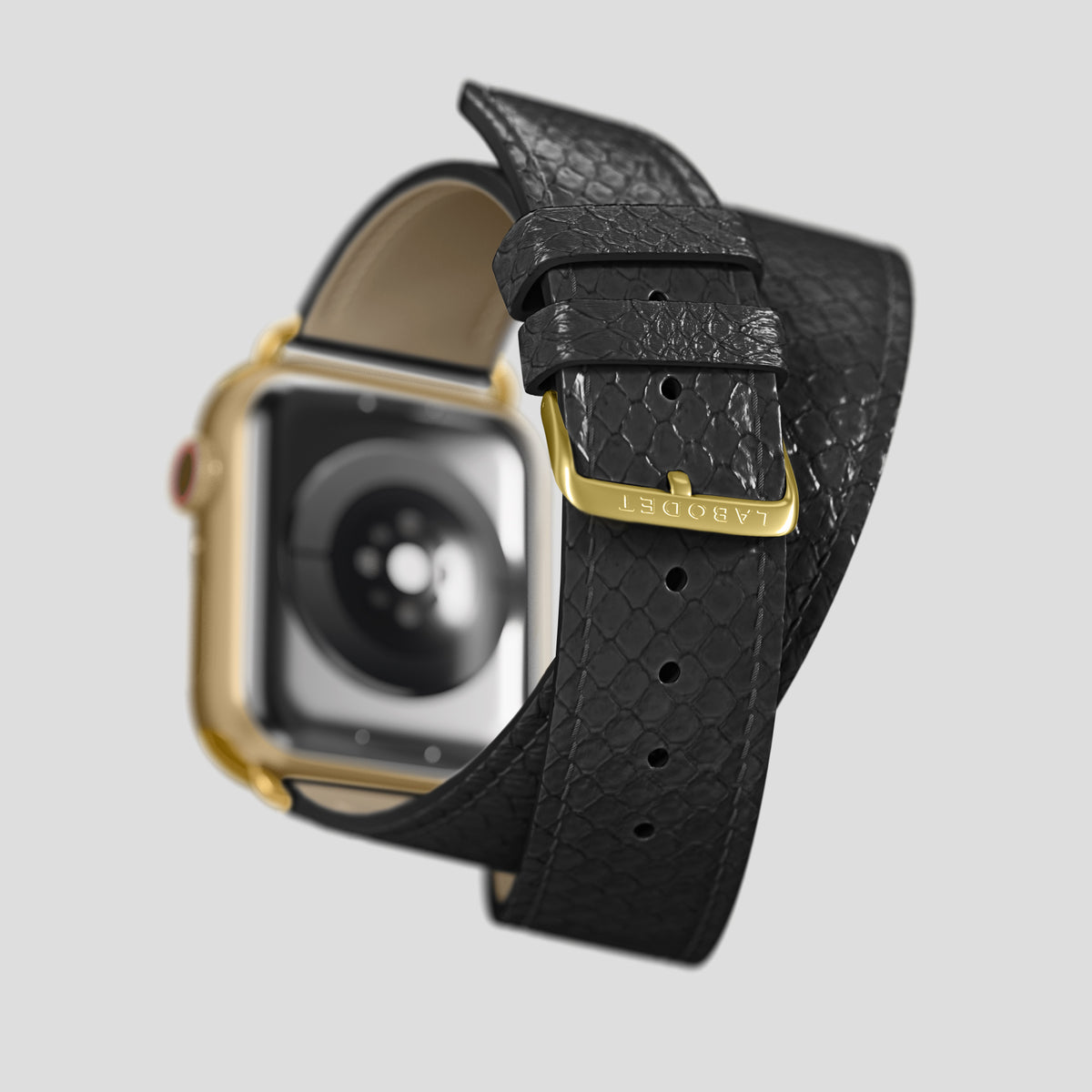 Black Apple Watch 46mm Double Strap In Python with Gold Metal -5 | Black-Gold