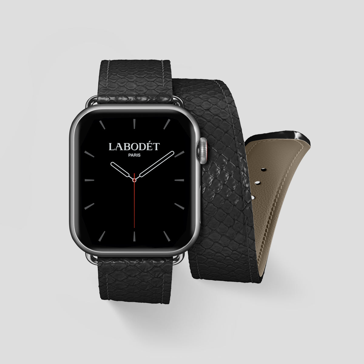 Black Apple Watch 46mm Double Strap In Python with Steel Metal -1 | Black-Steel