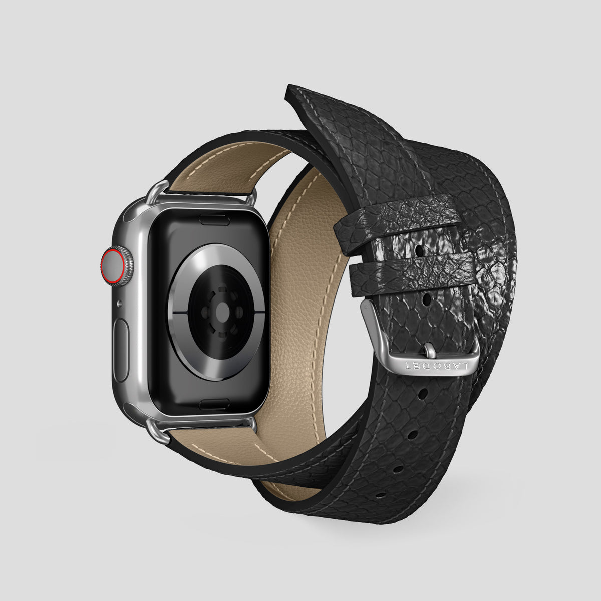 Black Apple Watch 46mm Double Strap In Python with Steel Metal -2 | Black-Steel