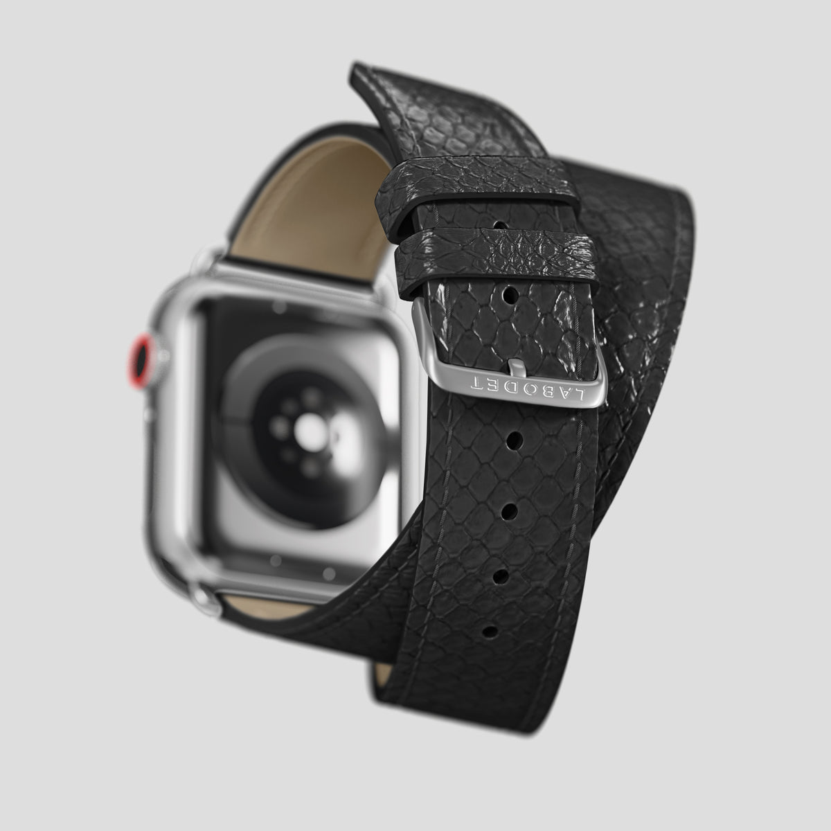 Black Apple Watch 46mm Double Strap In Python with Steel Metal -5 | Black-Steel