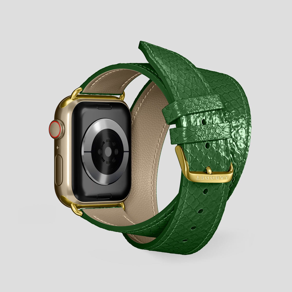 Green Apple Watch 46mm Double Strap In Python with Gold Metal -2 | Green-Gold