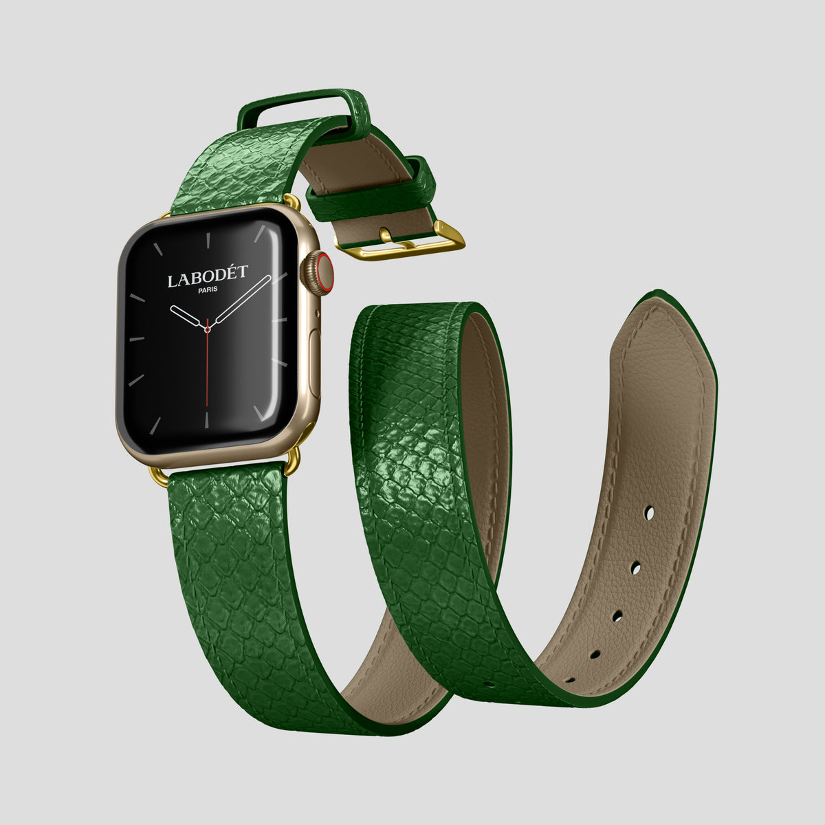 Green Apple Watch 46mm Double Strap In Python with Gold Metal -3 | Green-Gold