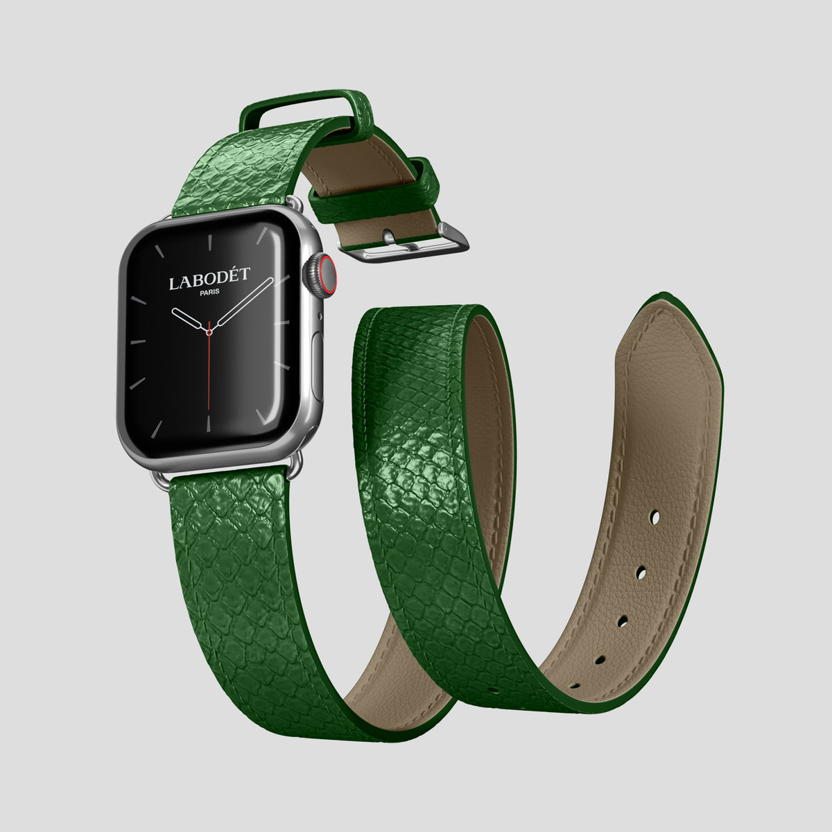 Green Apple Watch 46mm Double Strap In Python with Steel Metal -3 | Green-Steel