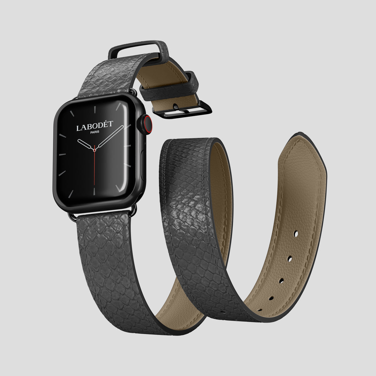 Grey Apple Watch 46mm Double Strap In Python with Black Metal -3 | Grey-Black