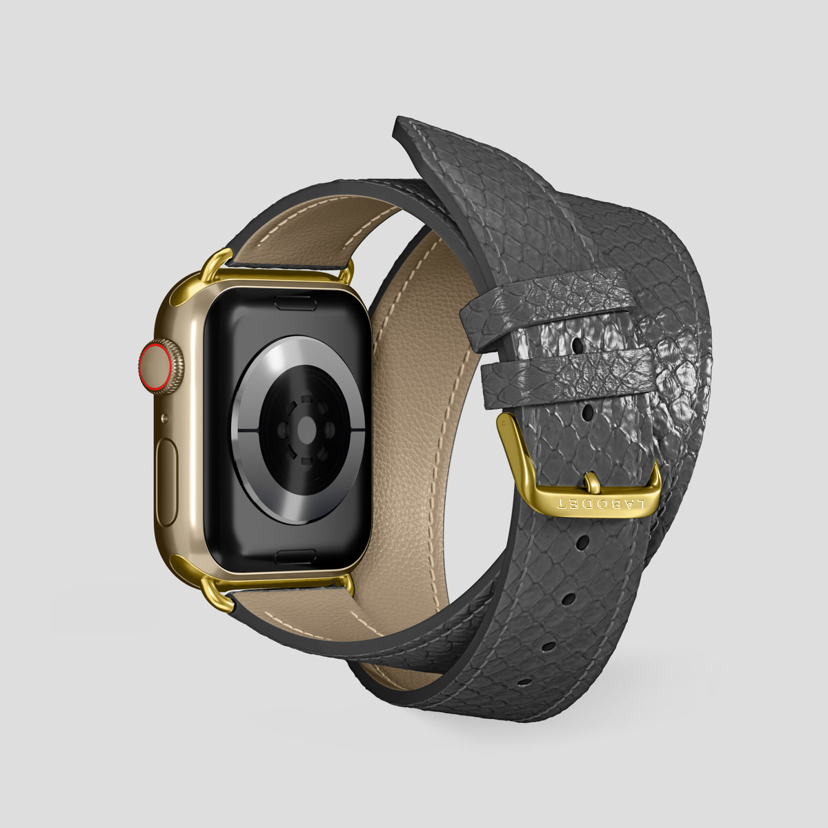 Grey Apple Watch 46mm Double Strap In Python with Gold Metal -2 | Grey-Gold
