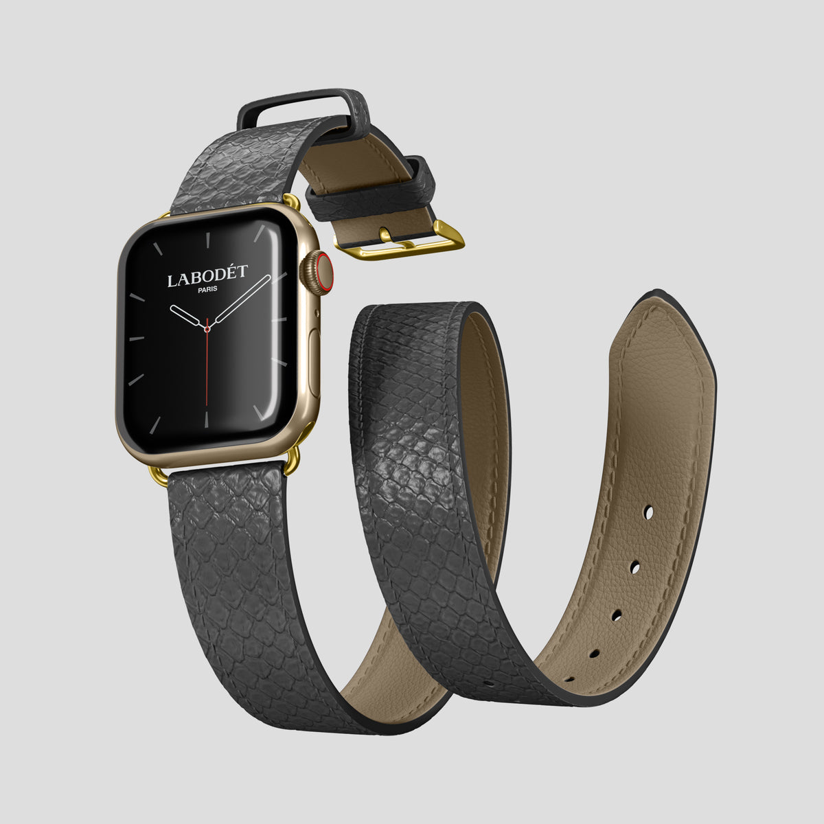 Grey Apple Watch 46mm Double Strap In Python with Gold Metal -3 | Grey-Gold