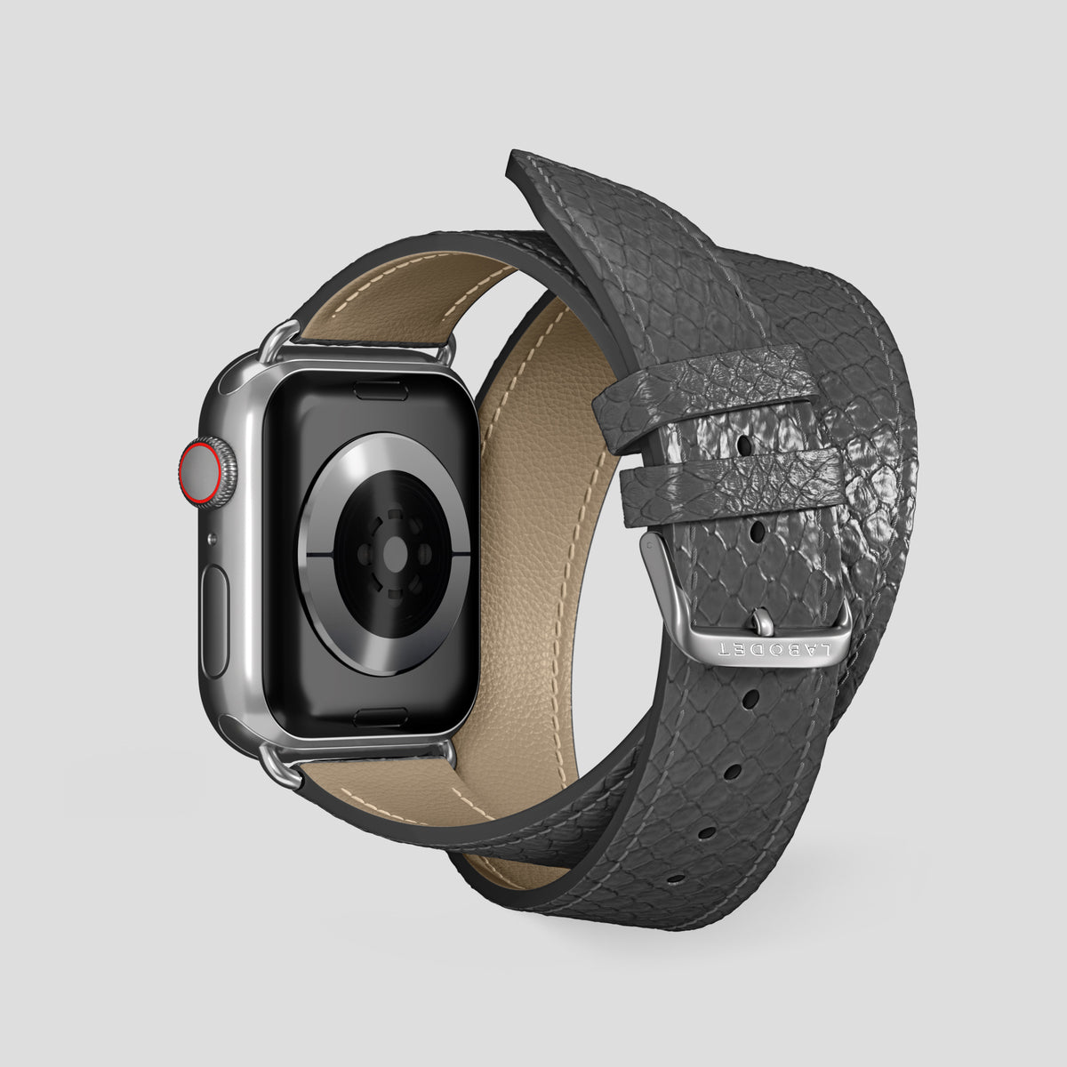 Grey Apple Watch 46mm Double Strap In Python with Steel Metal -2 | Grey-Steel
