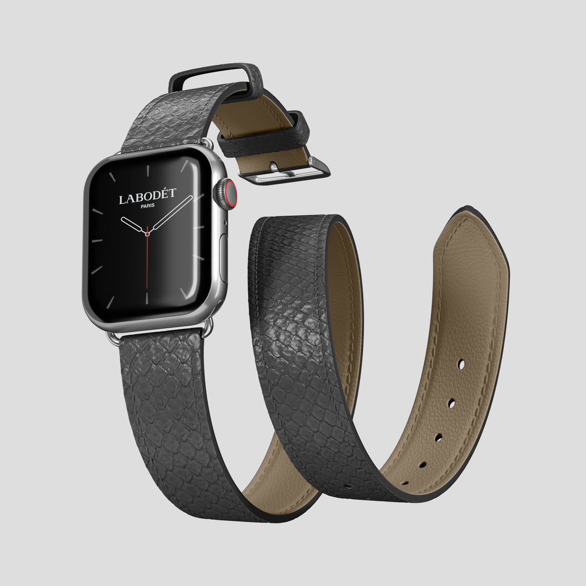 Grey Apple Watch 46mm Double Strap In Python with Steel Metal -3 | Grey-Steel