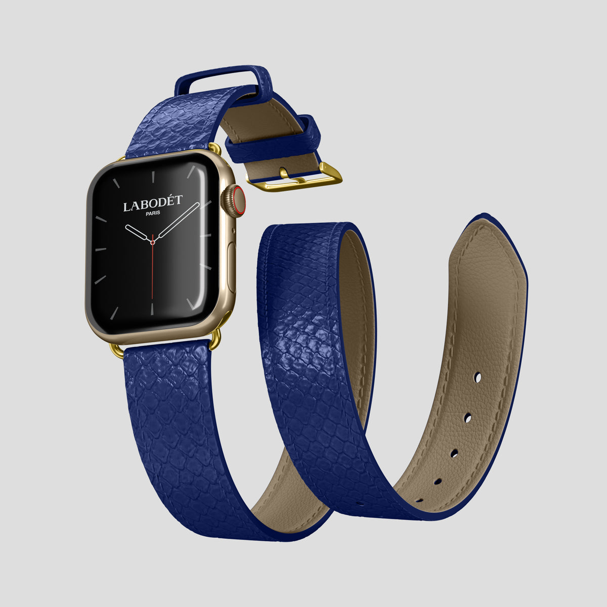 Royal Blue Apple Watch 46mm Double Strap In Python with Gold Metal -3 | Royal-Blue-Gold