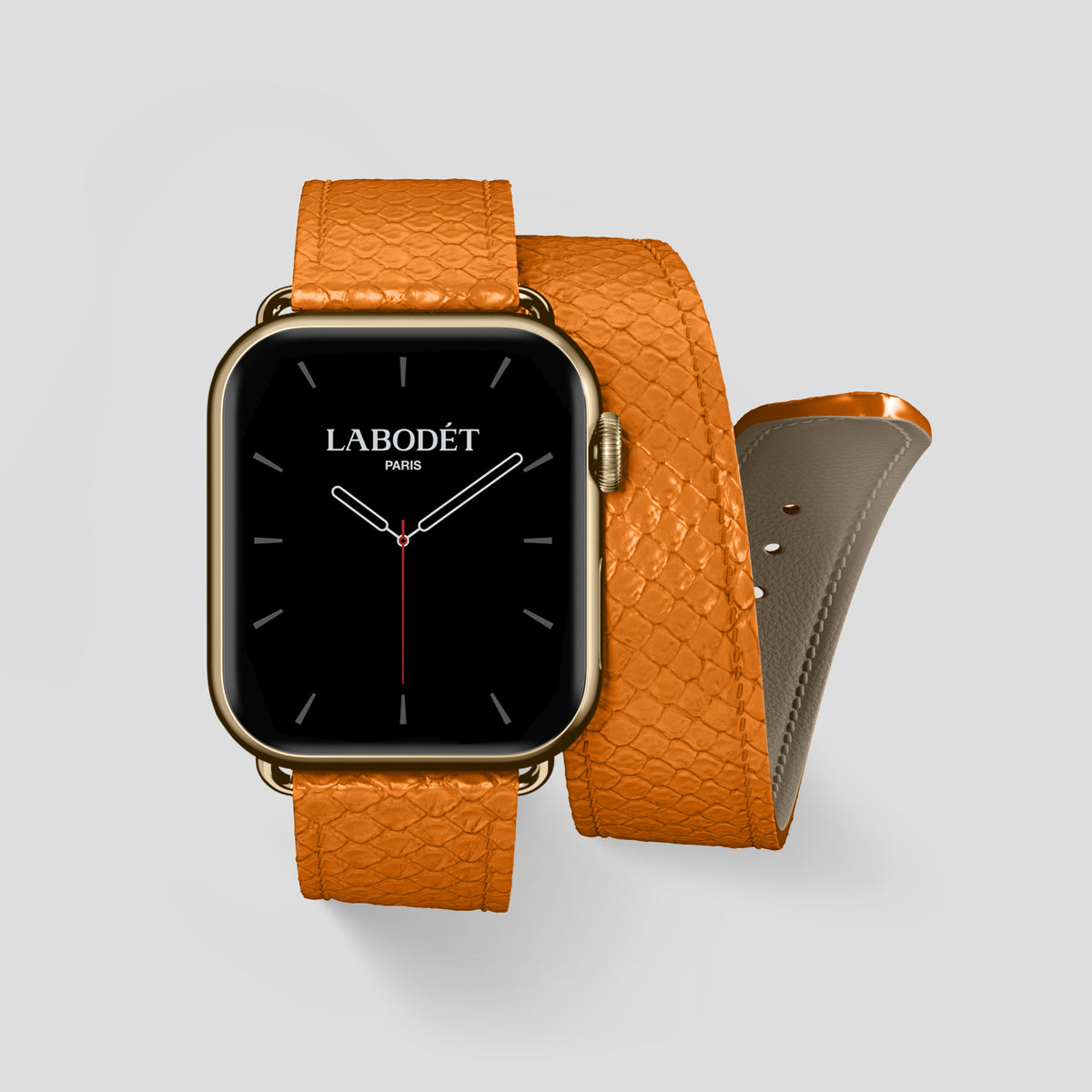 Orange Apple Watch 46mm Double Strap In Python with Gold Metal -1 | Orange-Gold
