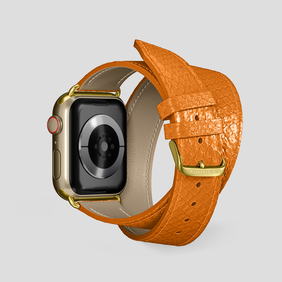 Orange Apple Watch 46mm Double Strap In Python with Gold Metal -2 | Orange-Gold