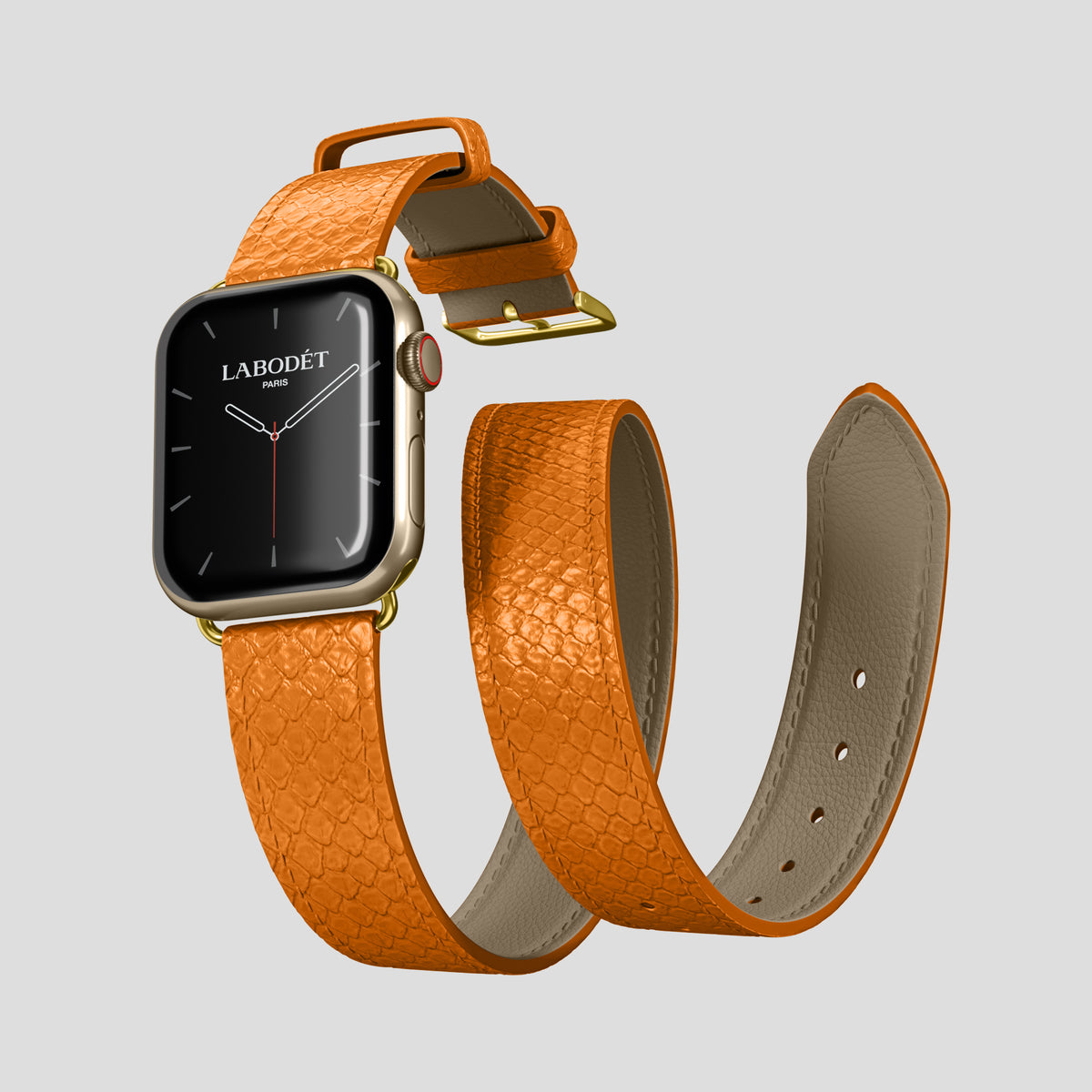 Orange Apple Watch 46mm Double Strap In Python with Gold Metal -3 | Orange-Gold