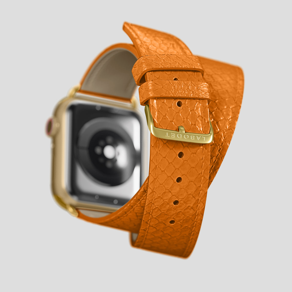 Orange Apple Watch 46mm Double Strap In Python with Gold Metal -5 | Orange-Gold