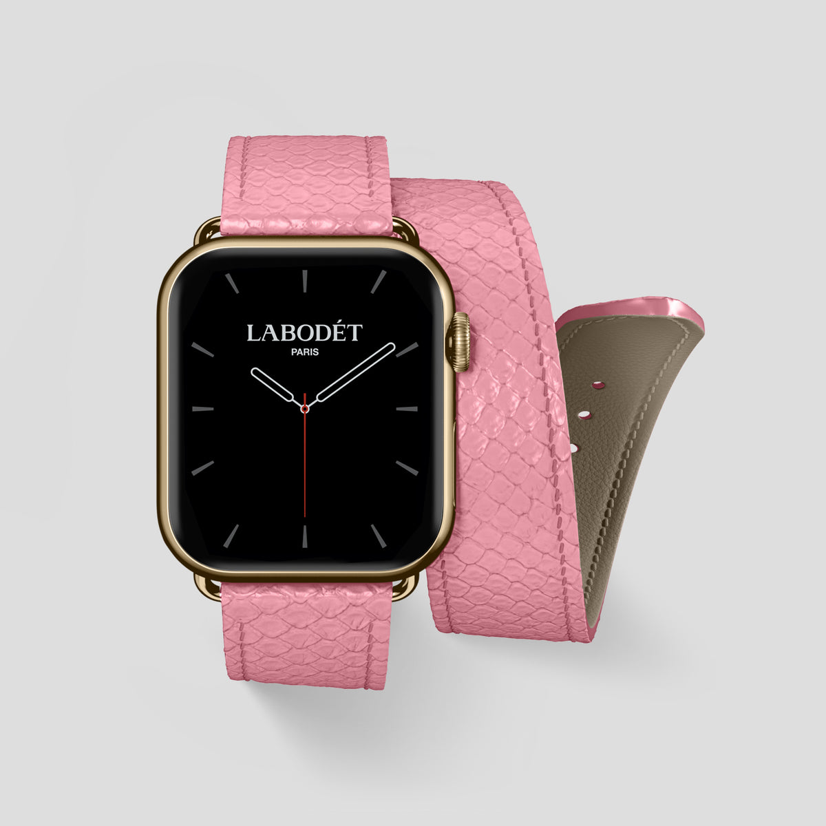 Pink Apple Watch 46mm Double Strap In Python with Gold Metal -1 | Pink-Gold