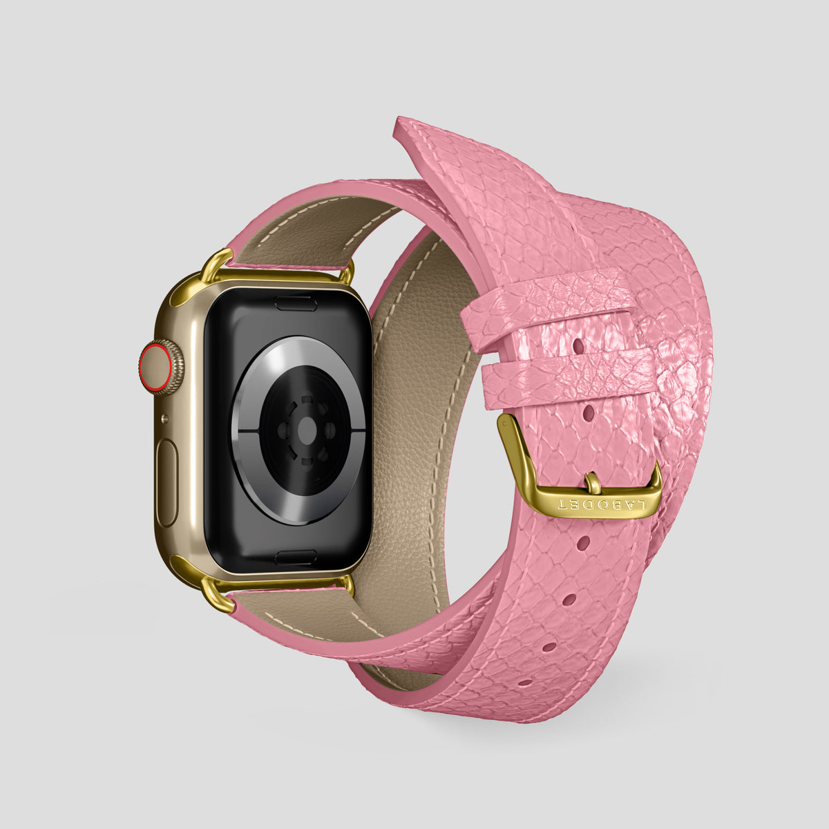 Pink Apple Watch 46mm Double Strap In Python with Gold Metal -2 | Pink-Gold