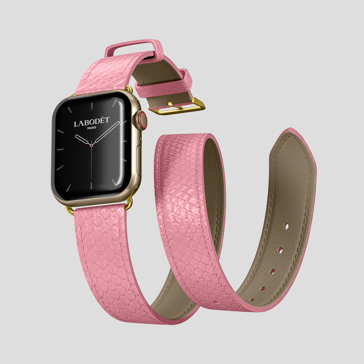 Pink Apple Watch 46mm Double Strap In Python with Gold Metal -3 | Pink-Gold