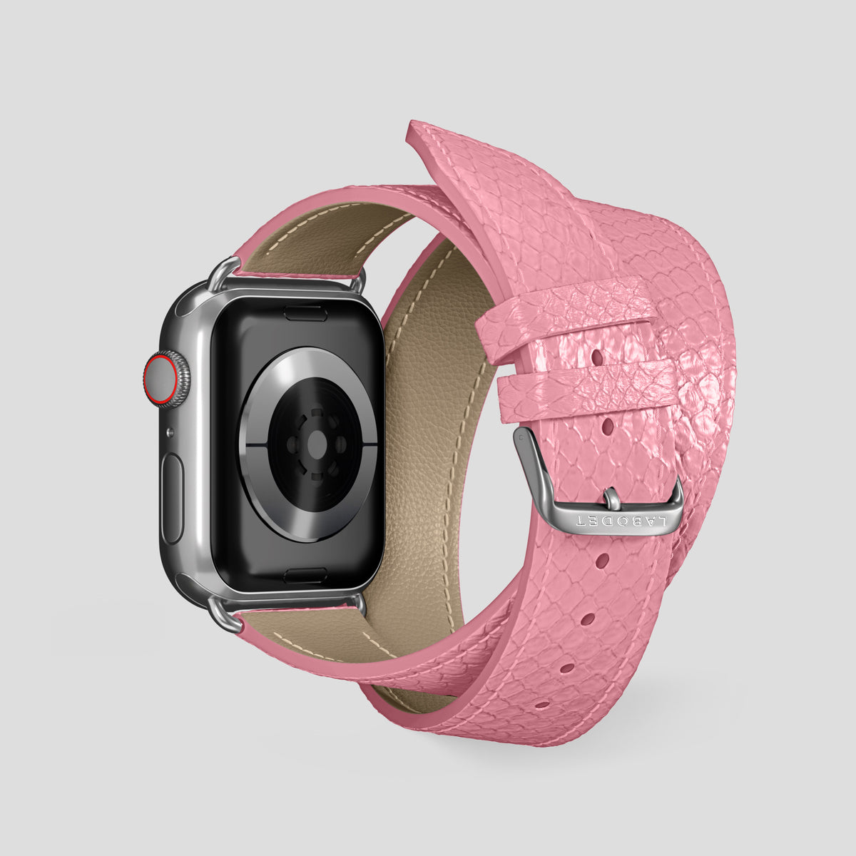 Pink Apple Watch 46mm Double Strap In Python with Steel Metal -2 | Pink-Steel