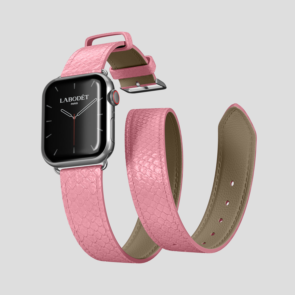 Pink Apple Watch 46mm Double Strap In Python with Steel Metal -3 | Pink-Steel