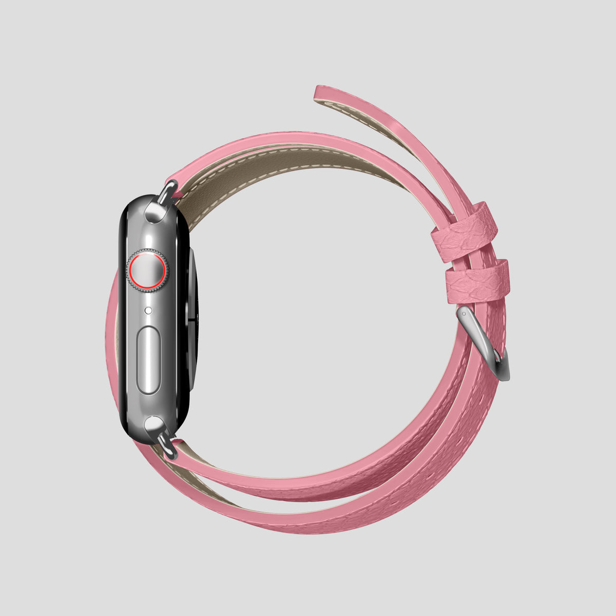 Pink Apple Watch 46mm Double Strap In Python with Steel Metal -4 | Pink-Steel