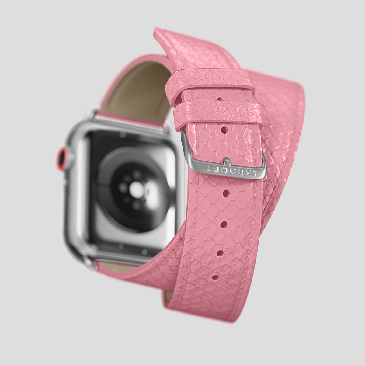 Pink Apple Watch 46mm Double Strap In Python with Steel Metal -5 | Pink-Steel