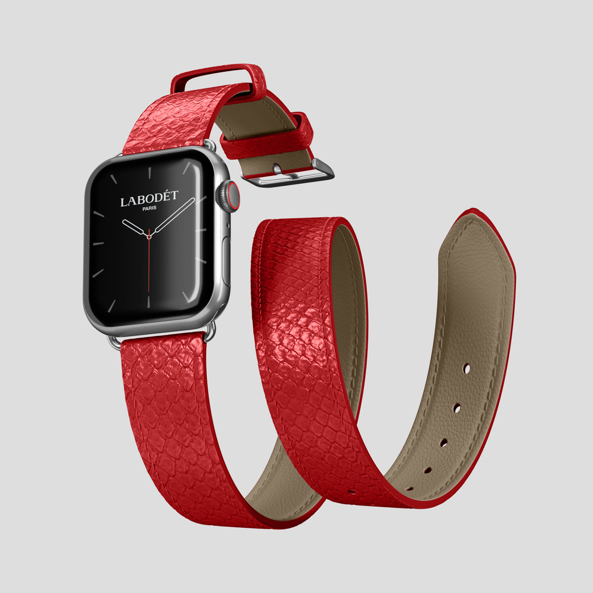 Red Apple Watch 46mm Double Strap In Python with Steel Metal -3 | Red-Steel
