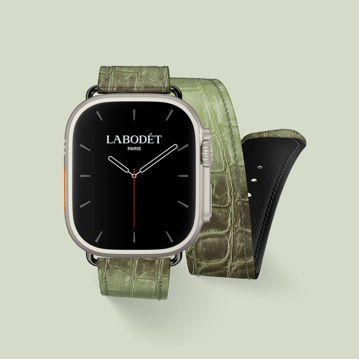 Double Strap For Apple Watch Ultra 49mm Celadon Green In Himalayan Crocodile with Black Metal -1 | Celadon-Green-Black
