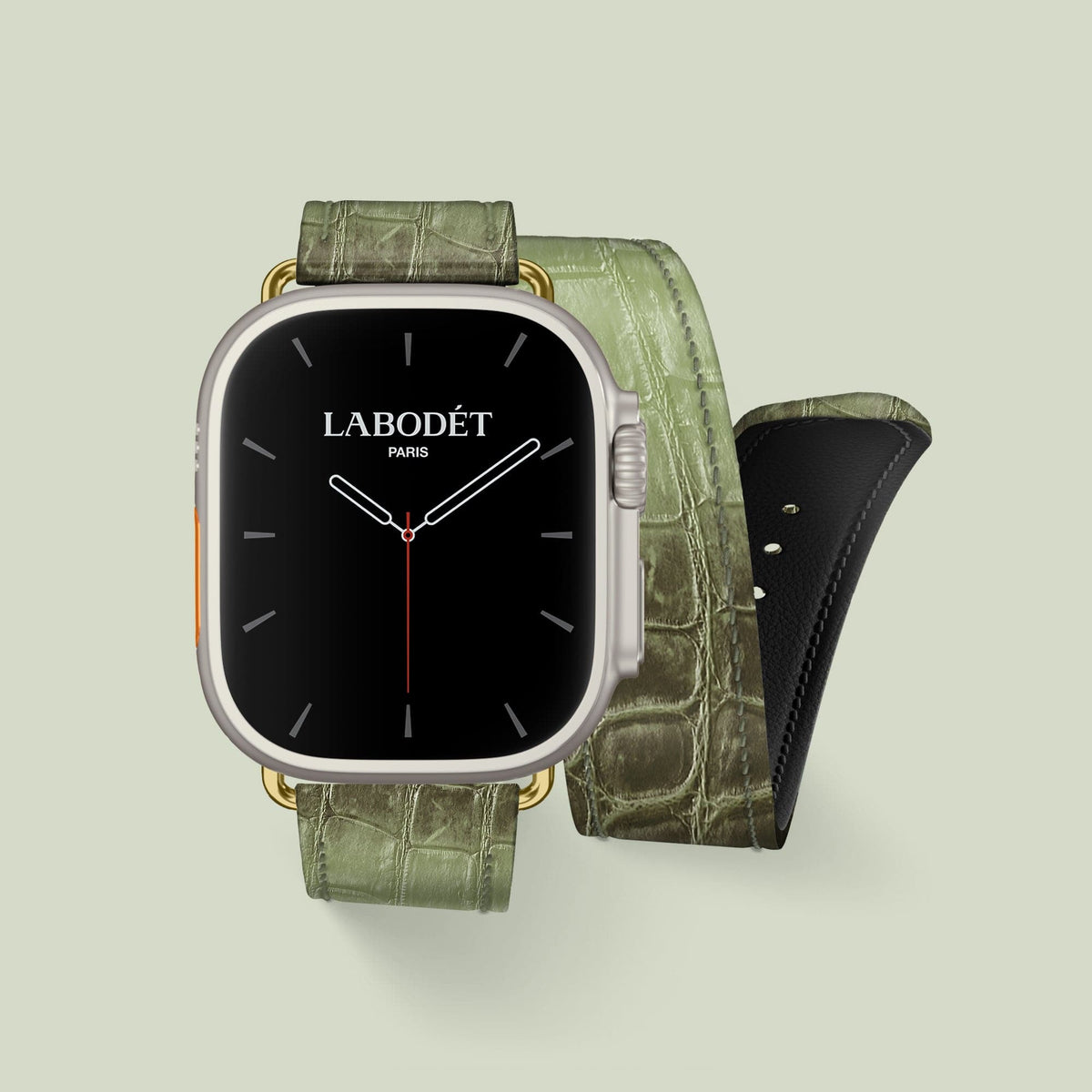 Double Strap For Apple Watch Ultra 49mm Celadon Green In Himalayan Crocodile with Gold Metal -1 | Celadon-Green-Gold