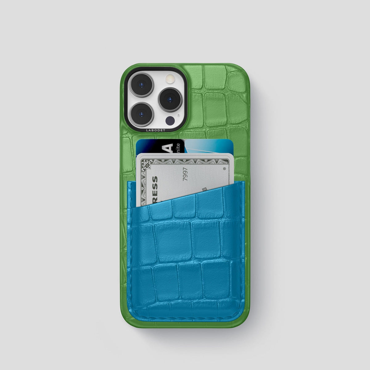 Apple-Green-Curaçao-Blue iPhone 13 Pro Card Case Alligator with Black Metal -1 | Apple-Green-Curaçao-Blue-Black