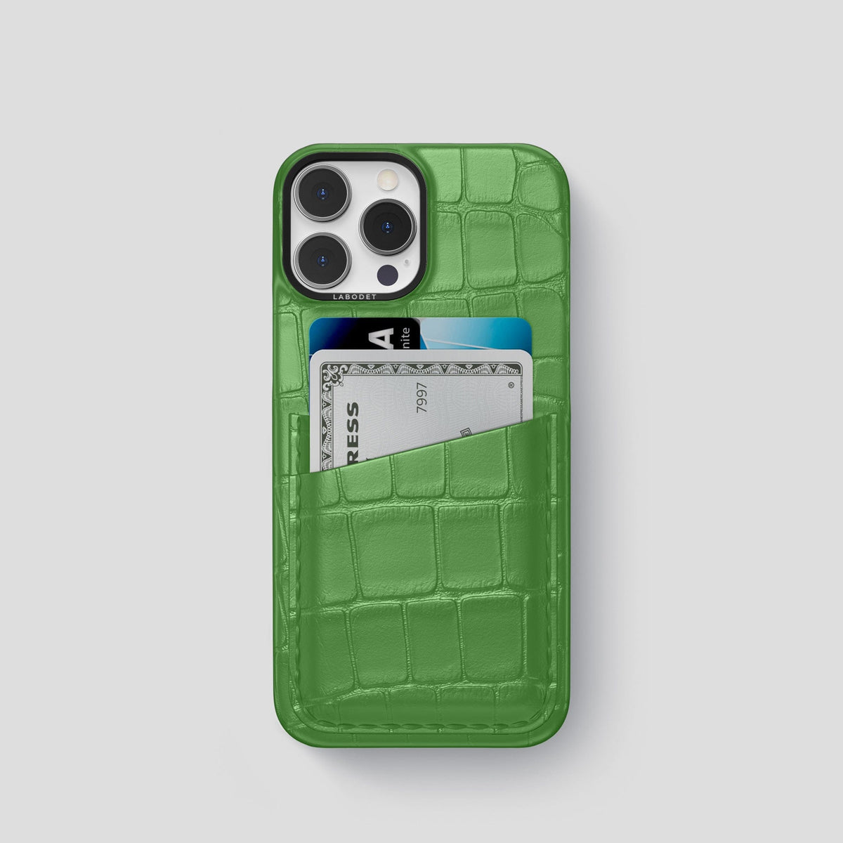 Apple-Green iPhone 13 Pro Card Case Alligator with Black Metal -1 | Apple-Green-Black