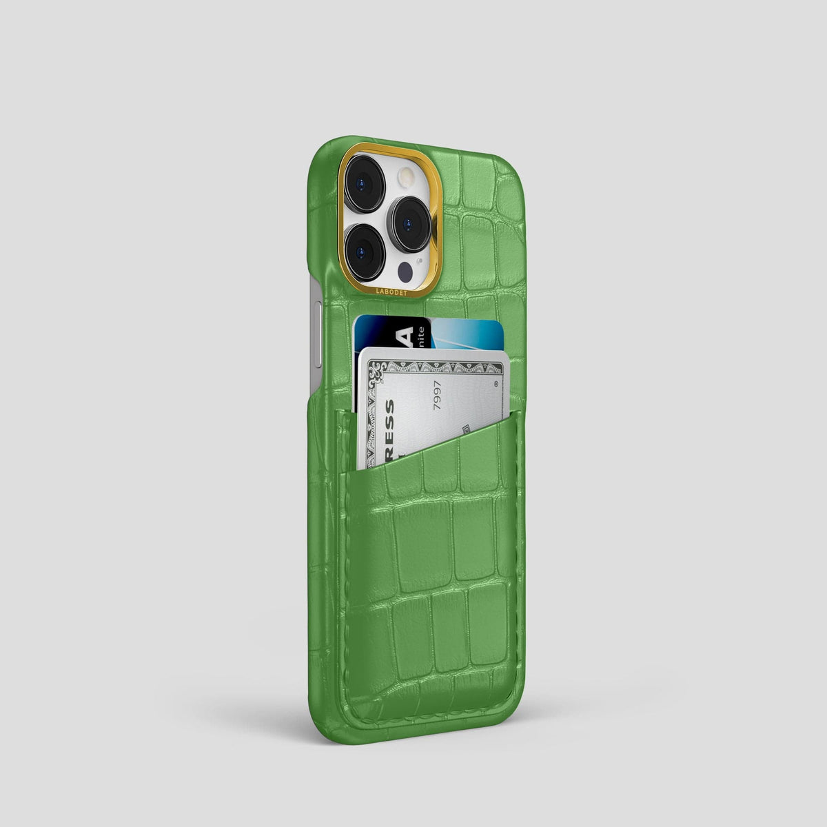 Apple-Green iPhone 13 Pro Card Case Alligator with Gold Metal -2 | Apple-Green-Gold